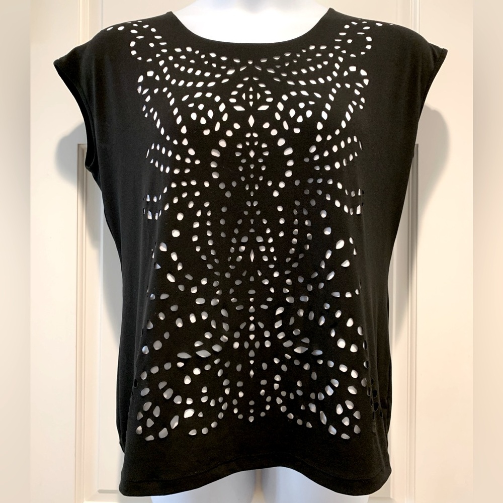 Susan Graver Cutout blouse, top, cap sleeve, black liquid knit, size Large, L